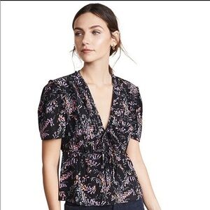 CinQ à Sept Black Floral Silk Tie-Front Blouse – NWT – Size XS